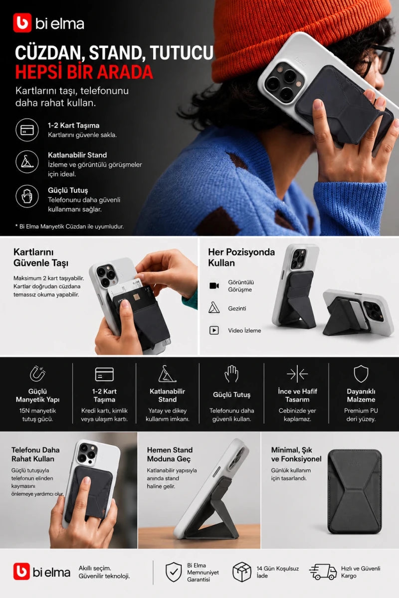 Bi Elma Manyetik Kartlık Stand | MagSafe Uyumlu Cüzdan ve Telefon Tutucu - Bi Elma