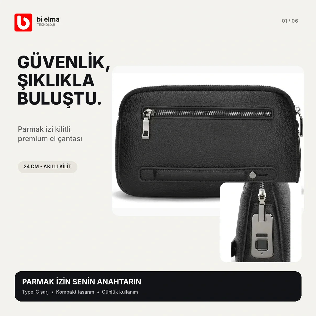 Parmak İzi Kilitli Premium Deri El Çantası - Bi Elma