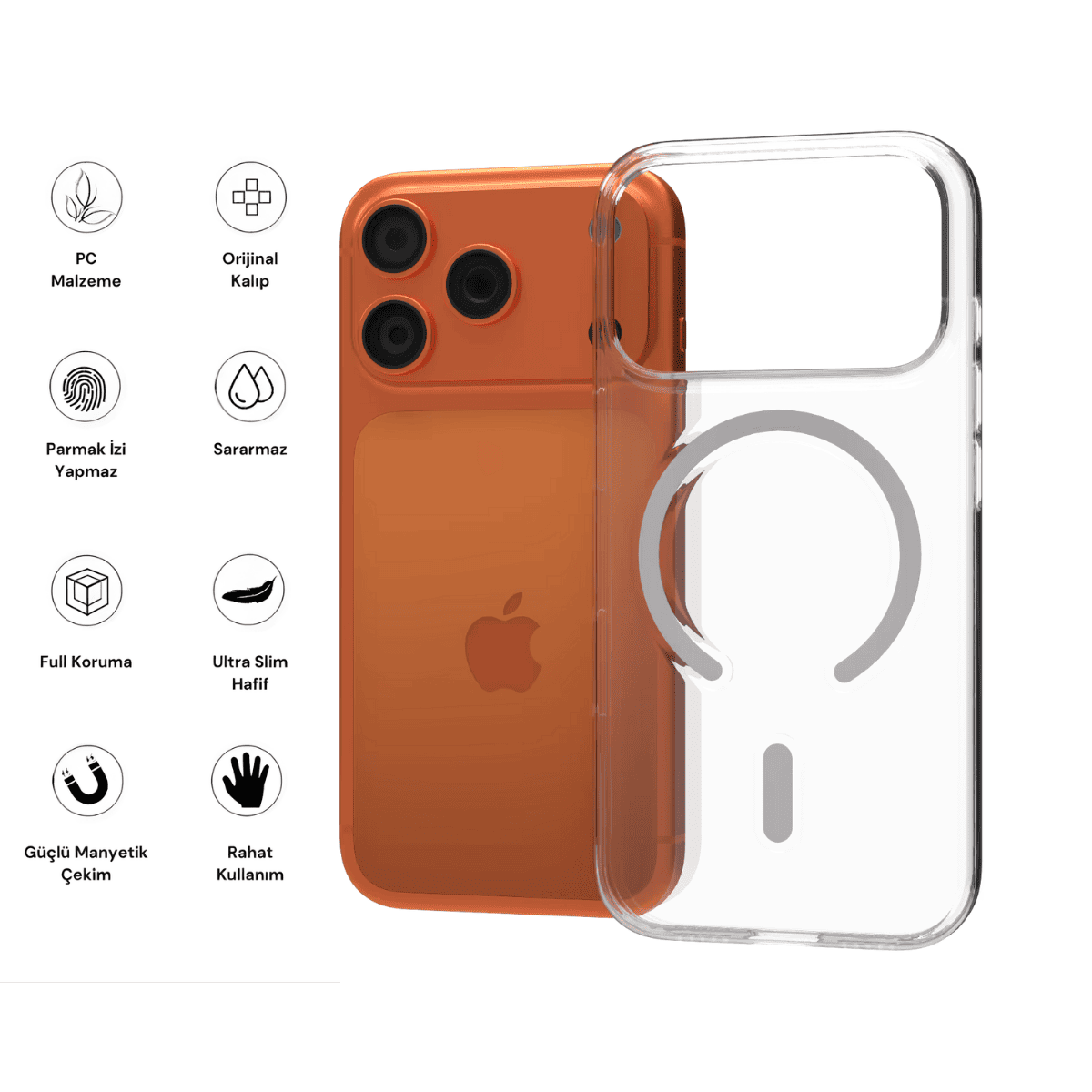 iPhone 17 / 17 Air / 17 Pro / 17 Pro Max MagSafe Sararmaz Kristal Slim Şeffaf Kılıf - Bi Elma