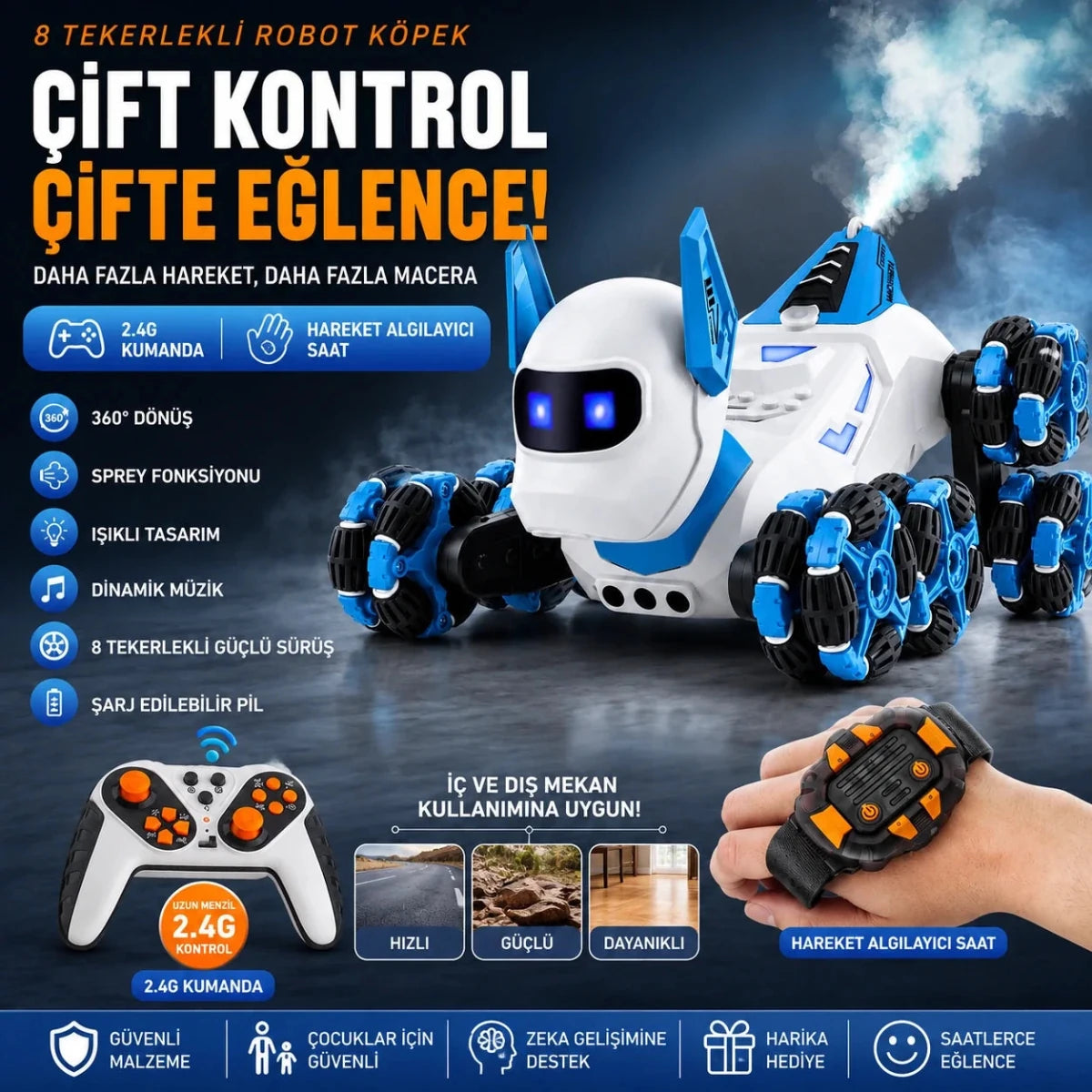 Uzaktan Kumandalı Robot Köpek Oyuncak – 8 Tekerlekli, Işıklı; Müzikli Stunt Oyuncak - Bi Elma