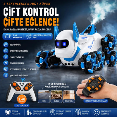 Uzaktan Kumandalı Robot Köpek Oyuncak – 8 Tekerlekli, Işıklı; Müzikli Stunt Oyuncak - Bi Elma