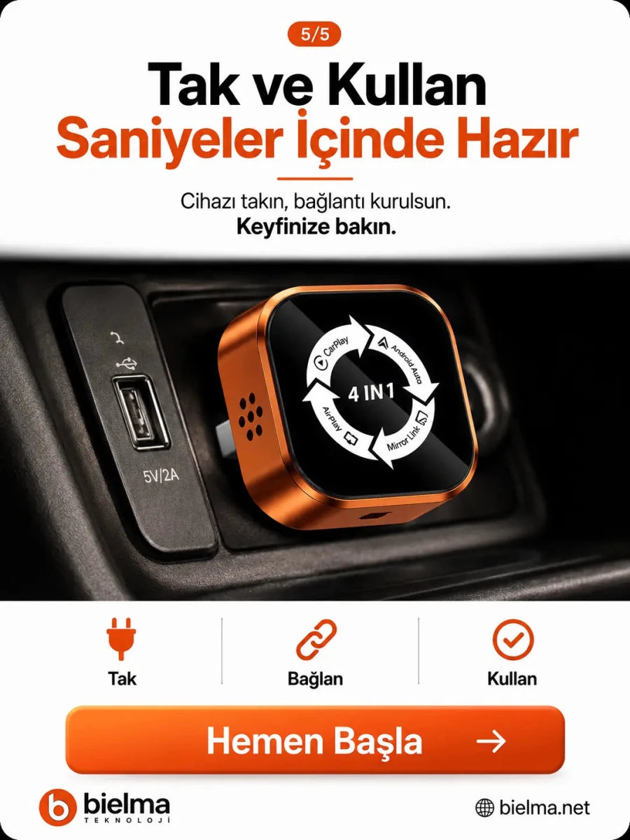 4in1 CarPlay & Android Auto Wireless Adaptör Ekran Yansıtma - Bi Elma