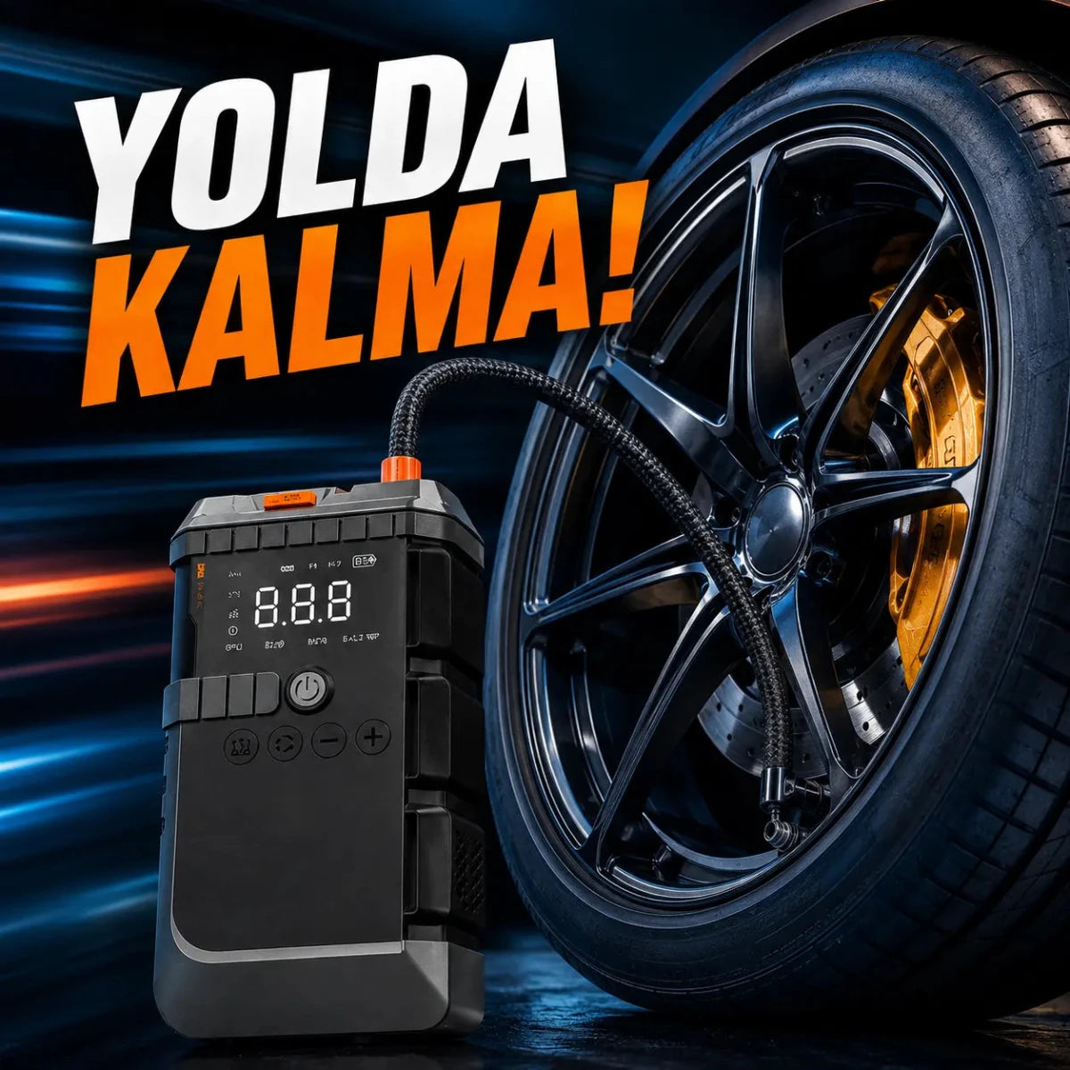 4'ü 1 Arada Premium Taşınabilir Akü Takviye Cihazı & Hava Kompresörü – 12000mAh 1200A, 150PSI, Powerbank, LED - Bi Elma
