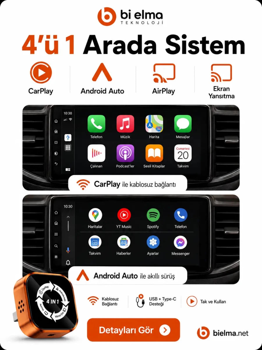 4in1 CarPlay & Android Auto Wireless Adaptör Ekran Yansıtma - Bi Elma
