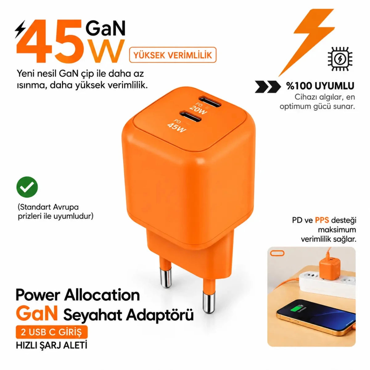 45W GaN Hızlı Şarj Adaptörü – 2× USB-C PD - Bi Elma