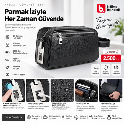Akıllı Parmak İzi Kilitli Deri El Çantası - Bi Elma