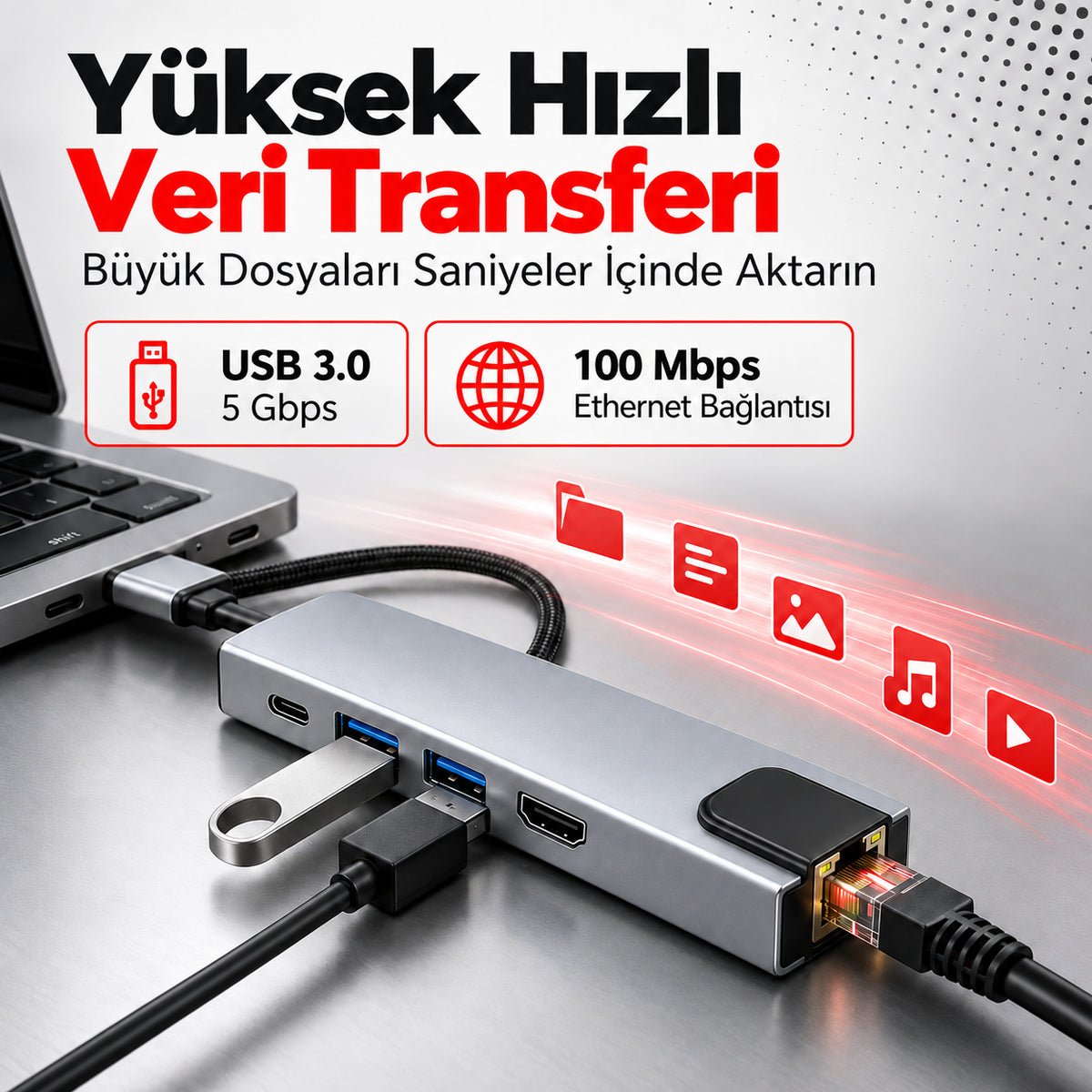 5'i 1 Arada USB-C Çoklayıcı – 100W PD, 4K HDMI, Ethernet - Bi Elma