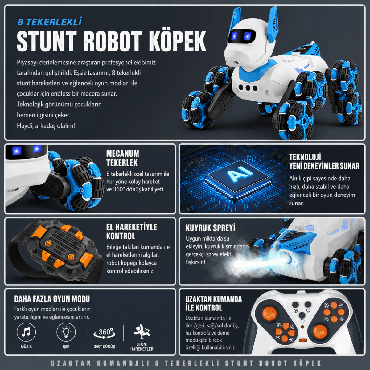 Uzaktan Kumandalı Robot Köpek Oyuncak – 8 Tekerlekli, Işıklı; Müzikli Stunt Oyuncak - Bi Elma
