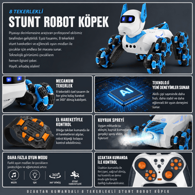 Uzaktan Kumandalı Robot Köpek Oyuncak – 8 Tekerlekli, Işıklı; Müzikli Stunt Oyuncak - Bi Elma