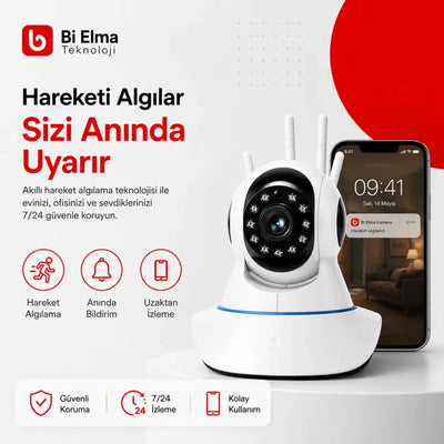 3 Antenli Wifi IP Kamera – 1080p HD Güvenlik ve Bebek Kamerası | Gece Görüşlü, Hareket Algılamalı - Bi Elma