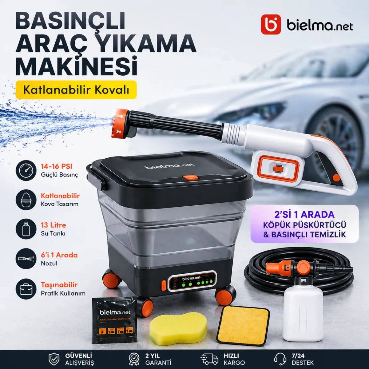 Kablosuz Şarjlı Araç Yıkama Seti | Katlanabilir Kova + Basınçlı Pompa - Bi Elma