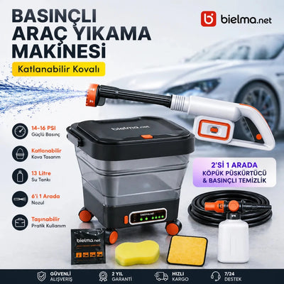Kablosuz Şarjlı Araç Yıkama Seti | Katlanabilir Kova + Basınçlı Pompa - Bi Elma