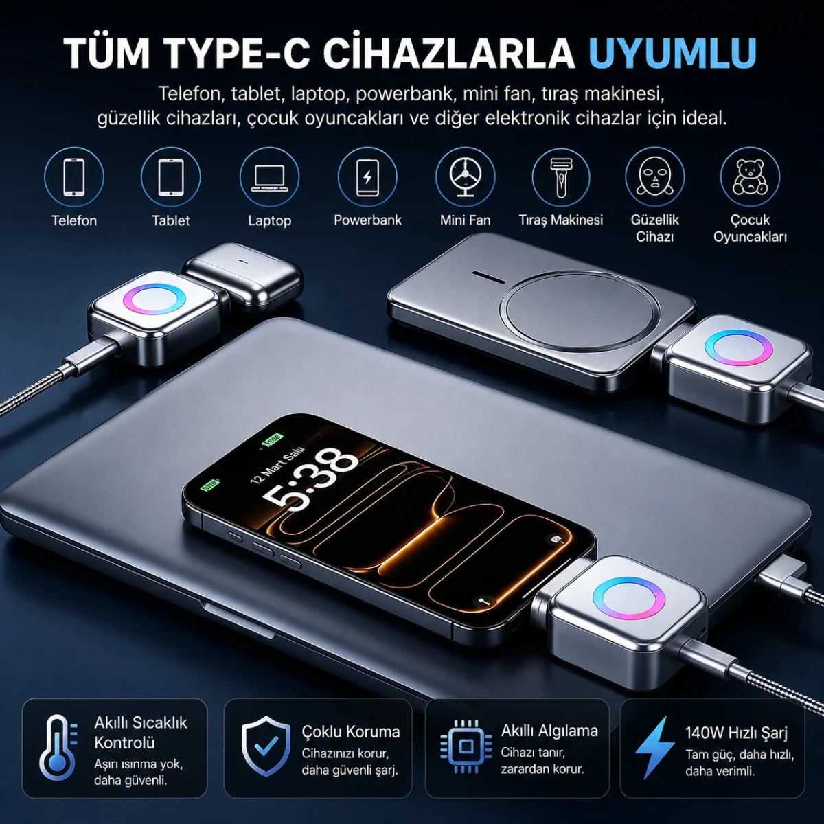 AI Akıllı Şarj Kesici Adaptör 140W — Dolunca Otomatik Kapanır - Bi Elma