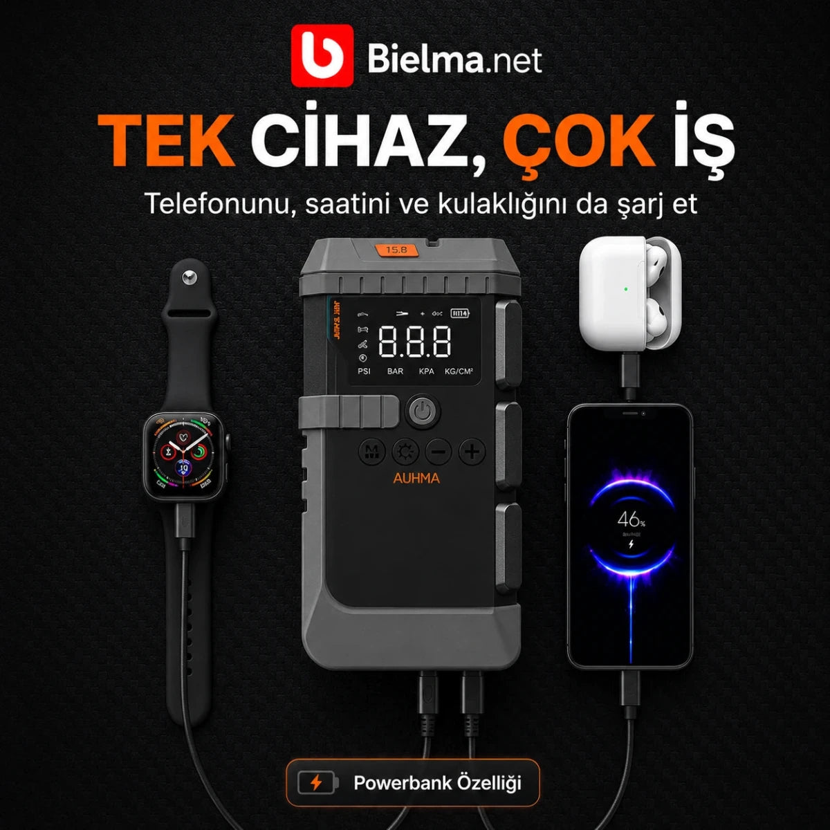 4'ü 1 Arada Premium Taşınabilir Akü Takviye Cihazı & Hava Kompresörü – 12000mAh 1200A, 150PSI, Powerbank, LED - Bi Elma