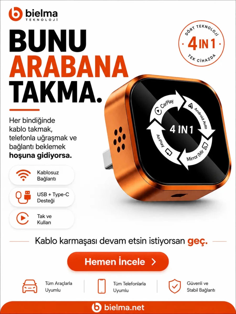 4in1 CarPlay & Android Auto Wireless Adaptör Ekran Yansıtma - Bi Elma