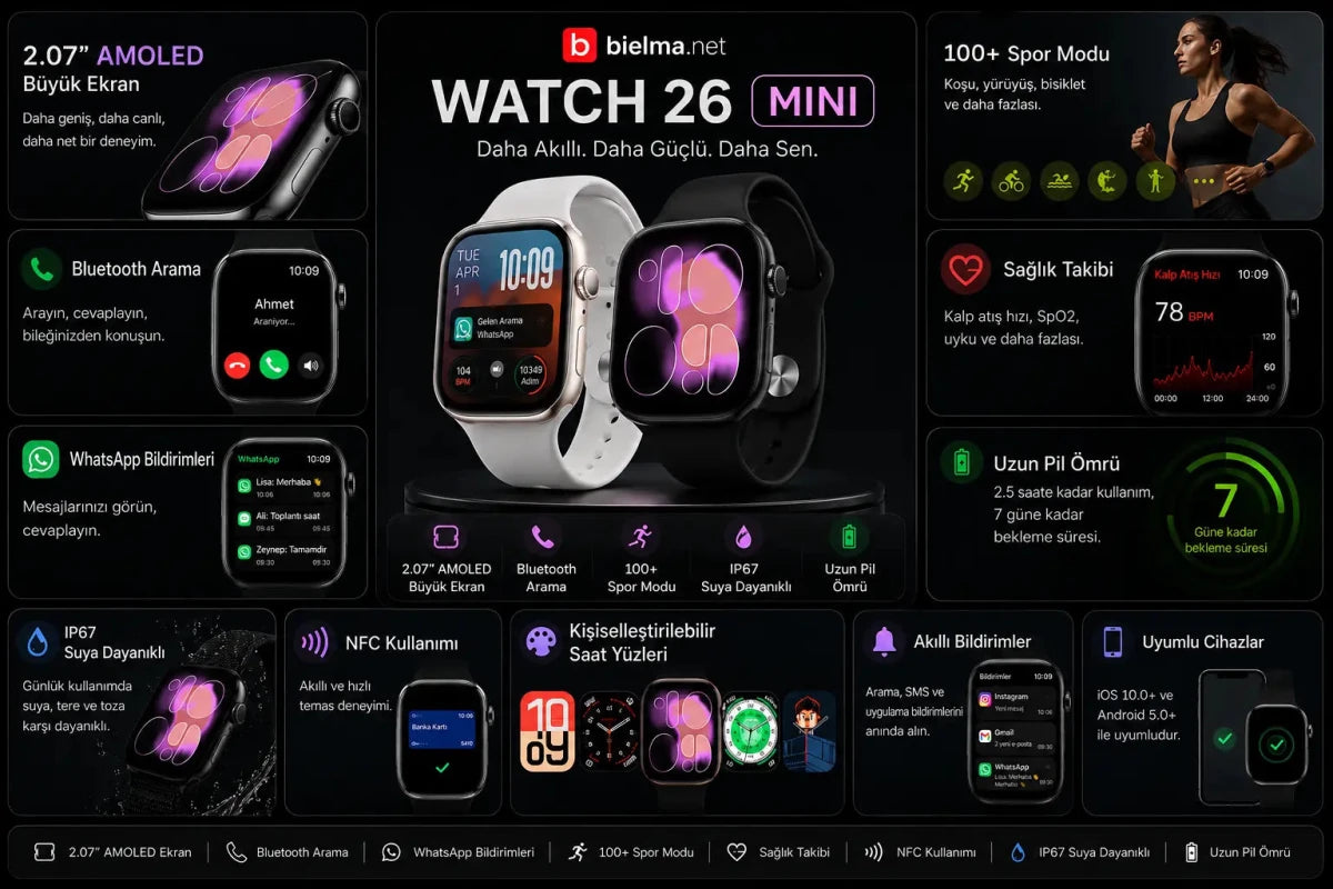 Watch 26 Mini Akıllı Saat - AMOLED, IP68 Suya Dayanıklı - Bi Elma