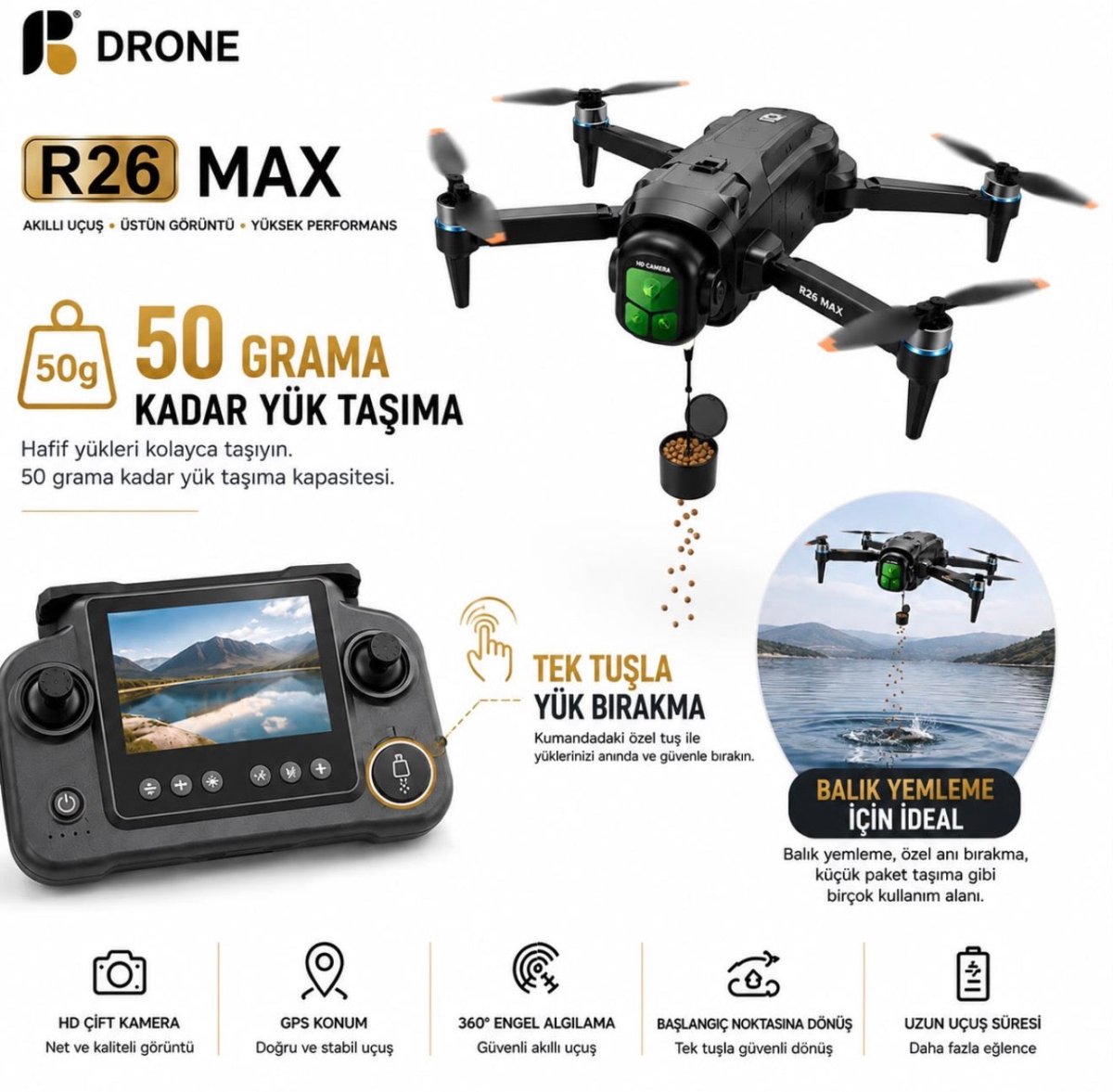 R26 Max Drone – 50g Yük Taşıma, GPS, 360° Engel Algılama, Çift Kamera - Bi Elma