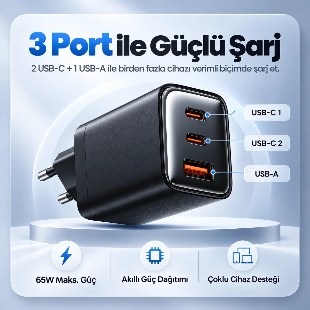 65W GaN Hızlı Şarj Adaptörü – 2 USB-C + USB-A, Siyah - Bi Elma