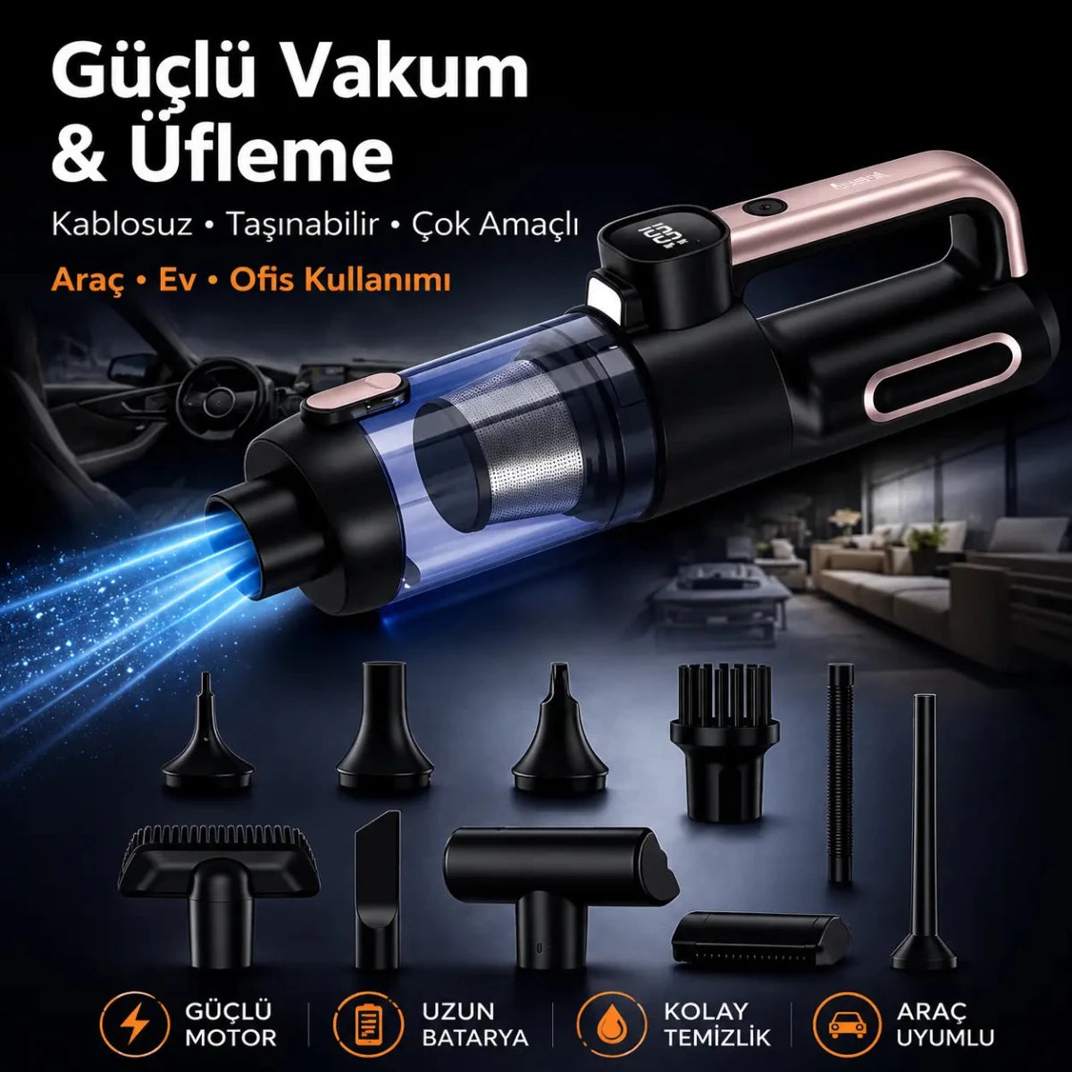 Şarjlı El Süpürgesi – 20.000 Pa, 120W Fırçasız Motor, Vakum & Üfleme, HEPA Filtre (Araç & Ev) - Bi Elma