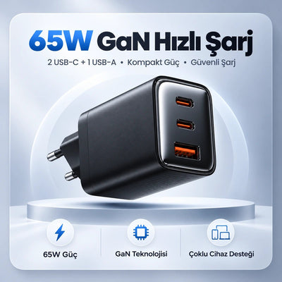 65W GaN Hızlı Şarj Adaptörü – 2 USB-C + USB-A, Siyah - Bi Elma