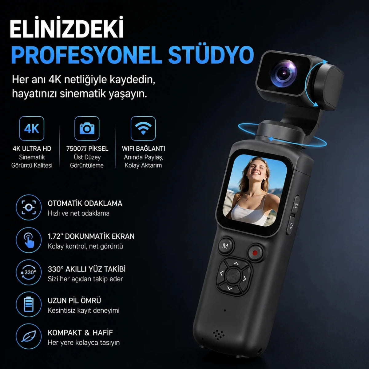 4K Vlog Kamera – 3 Eksen Gimbal, 330° Yüz Takip, Dokunmatik Ekran, Çantalı Set - Bi Elma