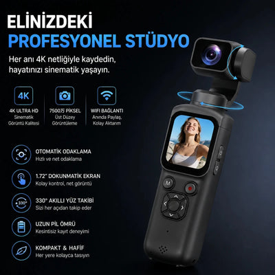 4K Vlog Kamera – 3 Eksen Gimbal, 330° Yüz Takip, Dokunmatik Ekran, Çantalı Set - Bi Elma