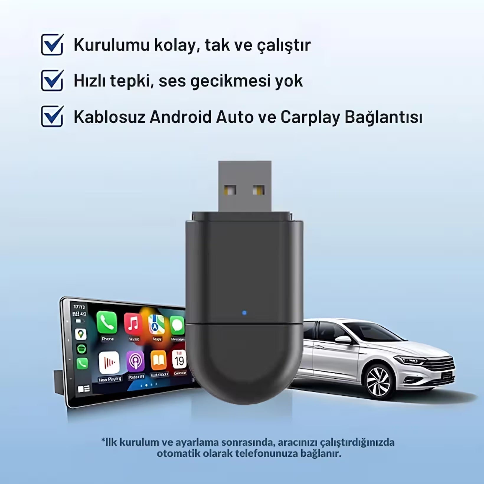 Kablosuz Araç CarPlay & Android Auto USB ve Type C Bluetooth Adaptör - Bi Elma
