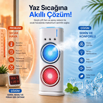 Çift Fanlı Sprey Fan 1800mAh | Mini Klima & Nemlendirici - Bi Elma