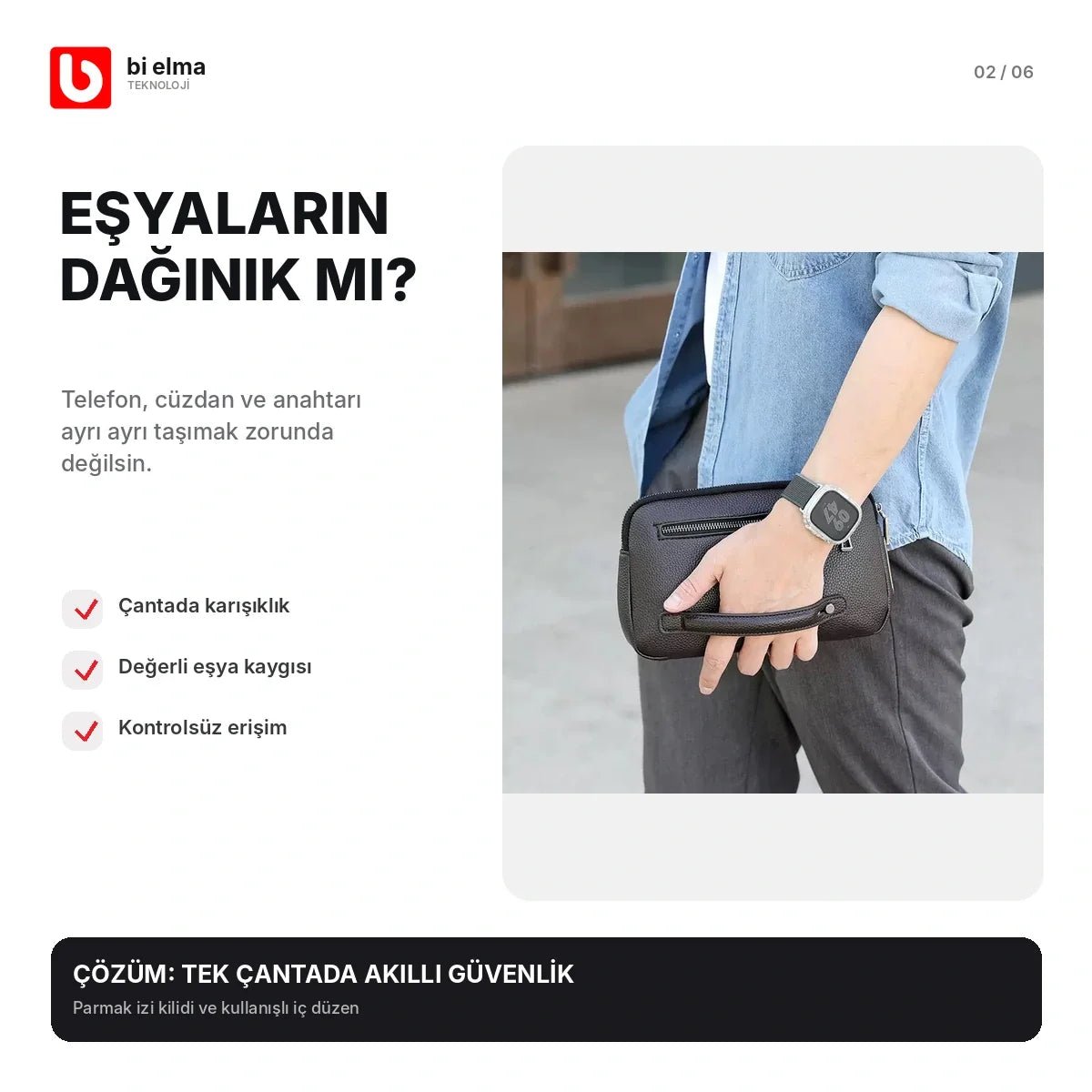 Parmak İzi Kilitli Premium Deri El Çantası - Bi Elma