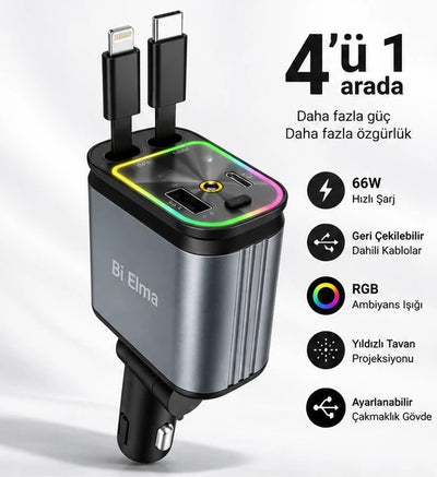 4-in-1 Geri Çekilebilir 66W Araç Şarj Aleti – RGB & Yıldız Tavan Efekti - Bi Elma