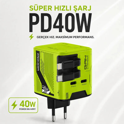 GaN PD 40W Hızlı Şarj Adaptörü – Çekmeli USB-C + Lightning Kablolu, 2× USB-C - Bi Elma