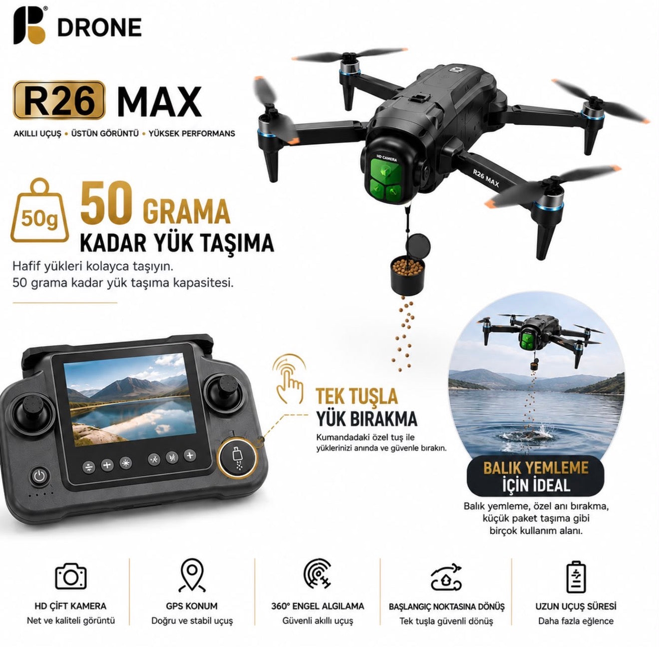 R26 Max drone 50 grama kadar yük taşıma, GPS ve engel algılama özellikleri
