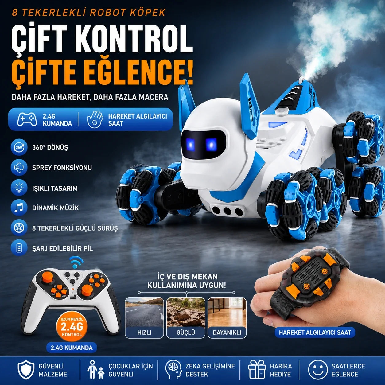 8 tekerlekli uzaktan kumandalı robot köpek - çift kontrol ve hareket algılayıcı saat