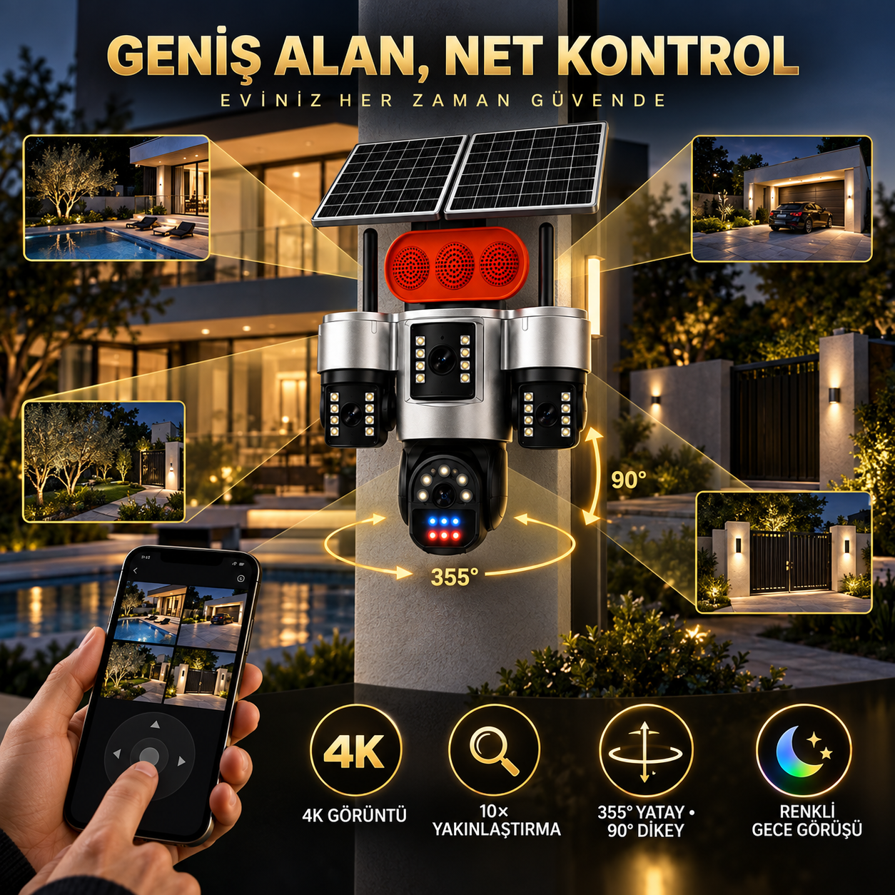 4K ve geniş açılı solar güvenlik kamerası kapsama alanı