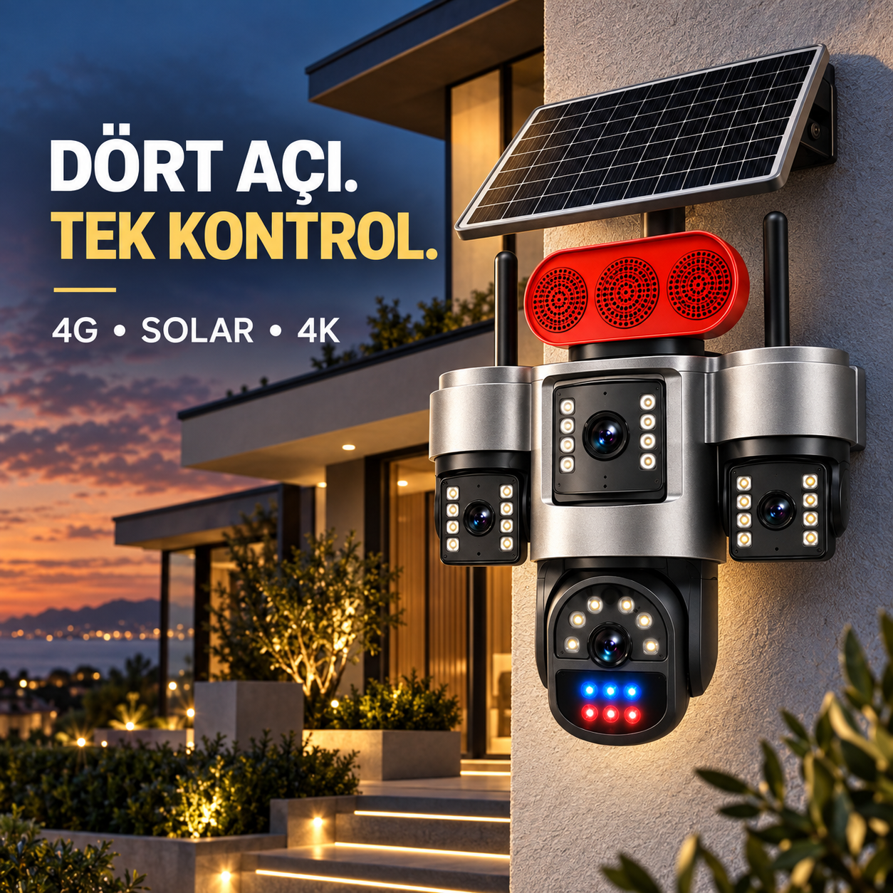 dört kamera modüllü 4G solar güvenlik kamerası