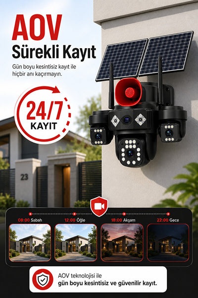solar panelli üç lensli dış mekân güvenlik kamerası