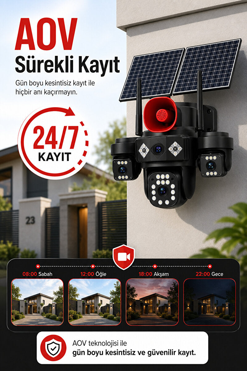 solar panelli üç lensli dış mekân güvenlik kamerası