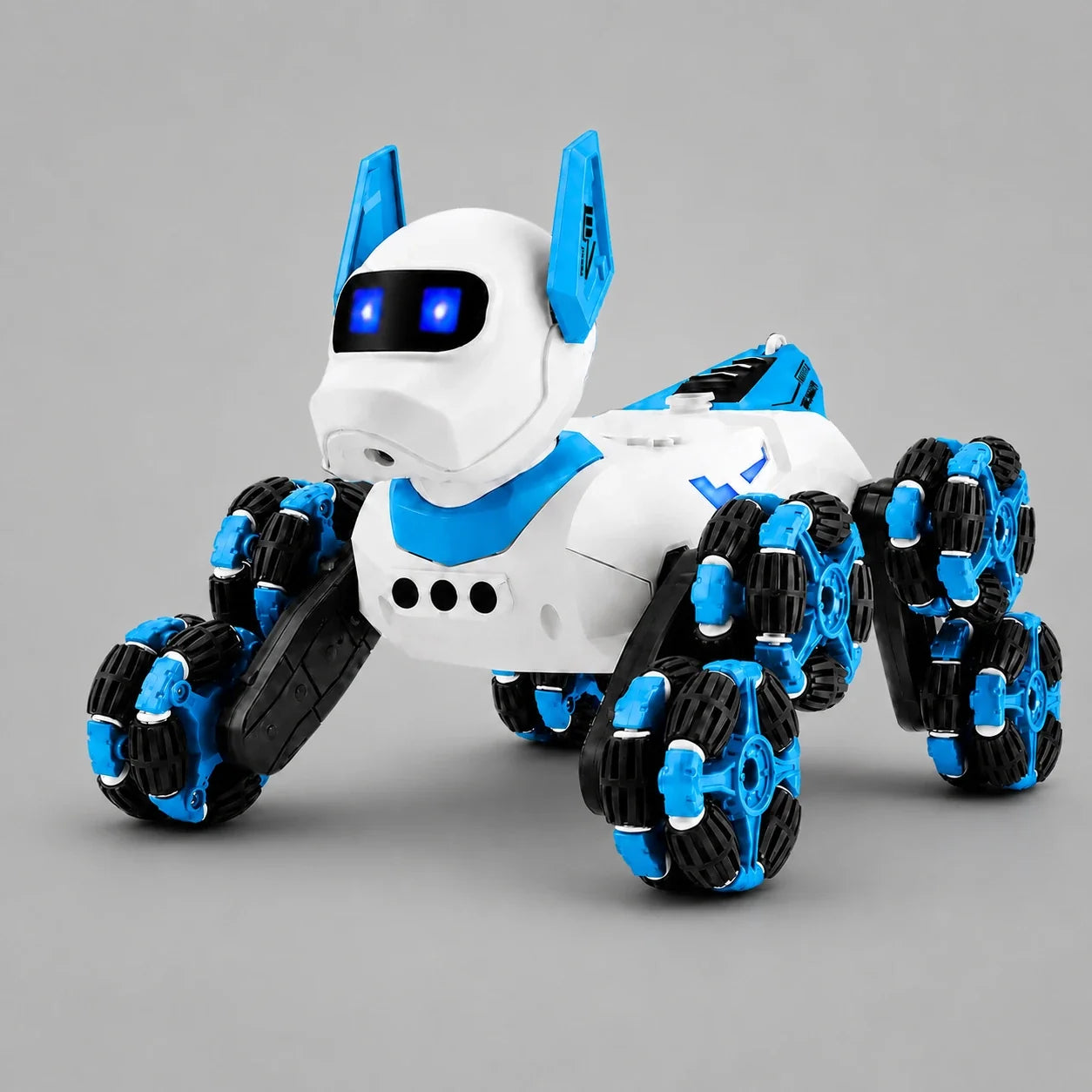 Uzaktan kumandalı robot köpek oyuncak - 8 tekerlekli, ışıklı ve müzikli stunt oyuncak, gri arka plan ürün görseli