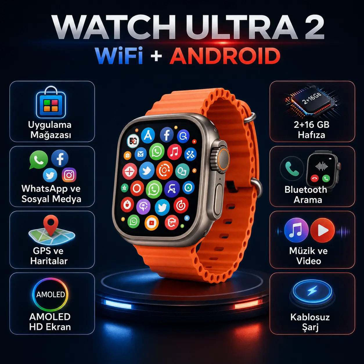 Watch Ultra 2 Wifi Android Akıllı Saat, Whatsapp, Youtube