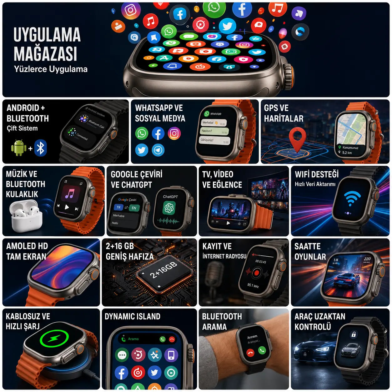 Watch Ultra 2 Wifi Android Akıllı Saat, Whatsapp, Youtube
